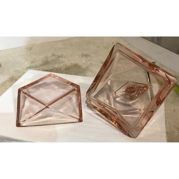 Glass Vanity Container Vintage Diamond Shaped Pink 2 Pc Powder Trinket Dish - Picture 7 of 11